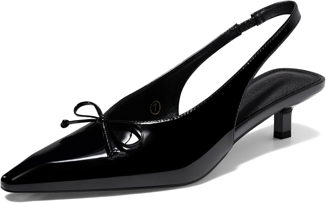 Coutgo Womens Slingback Kitten Low Heels Dress Shoes Closed Pointed Toe Bow Tie Slip on Office Work Pumps (Black)
