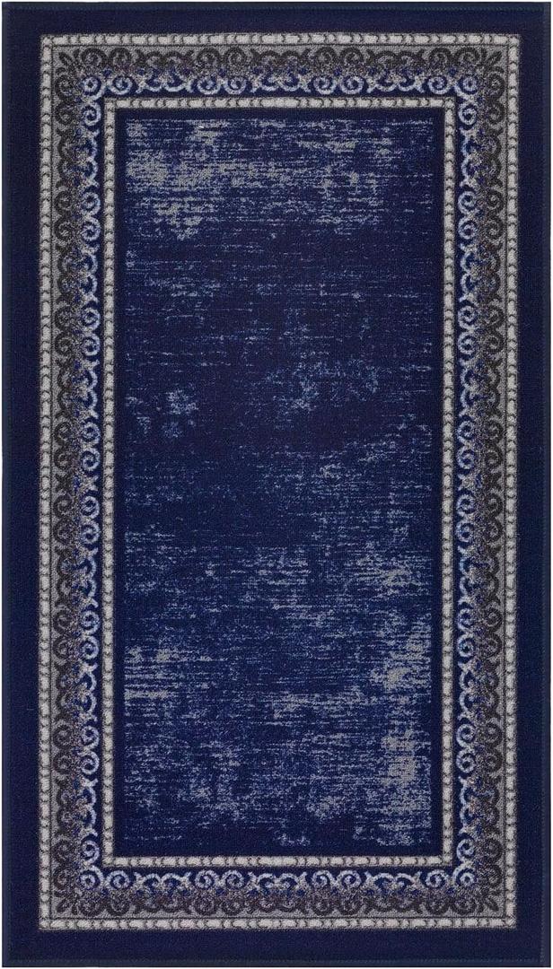 Antep Rugs Alfombras Bordered Modern 2x4 Non-Slip (Non-Skid) Low Pile Rubber Backing Kitchen Area Rug (Navy, 2'3" x 5')