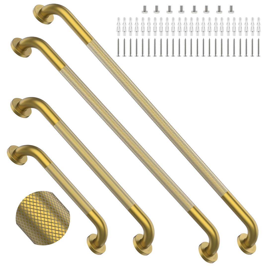 Gold Safety Grab Bars 4 Pack, Anti-Slip Shower Bar Bundle 16", 24", 36", 40" - 1.25" Diameter, Stainless Steel Grab Bar Set for Commercial and Residential Restrooms, Bathroom Toilet Handle for Elderly