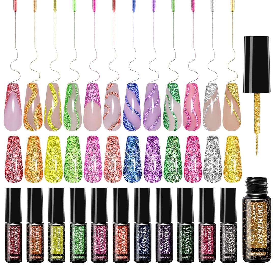 TWOEIGHT Reflective Glitter Nail Art Gel Liner Flash Diamond Painted Polish 12 Colors 8ml Sparkle Silver RED Pink Green Yellow Pigment UV LED Soak off Curing Requires for Design