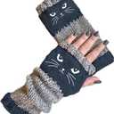 Womens Knitted Fingerless Gloves with Cat Embroidery,Thick Warm Winter Gloves,Essential for winter travel (Navy Blue)