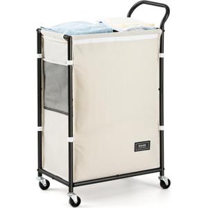 SOLEDI Slim Laundry Hamper with Wheels,23.8 Gallons (87L) Laundry Basket with Lid,Sturdy Metal Frame with Handle,Laundry Cart,Rolling Laundry Basket for Bedroom Aesthetic,Easy to Assemble,Ivory