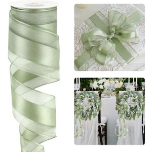 HUIHUANG Sage Green Wired Ribbon 2.5 inch with Satin Stripe Sheer Wired Ribbon for Christmas Tree, Bows Making, Wreaths, Gift Wrapping, Wedding Bridal Shower Decorations-Continous 10 Yards