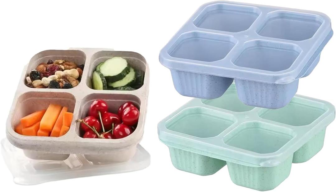 2PCS Snack Containers, Divided Bento Lunch Box with Transparent Lids, Reusable Meal for Adult, BPA Free, 4 Compartment Food Storage for People Work Travel, Blue Green