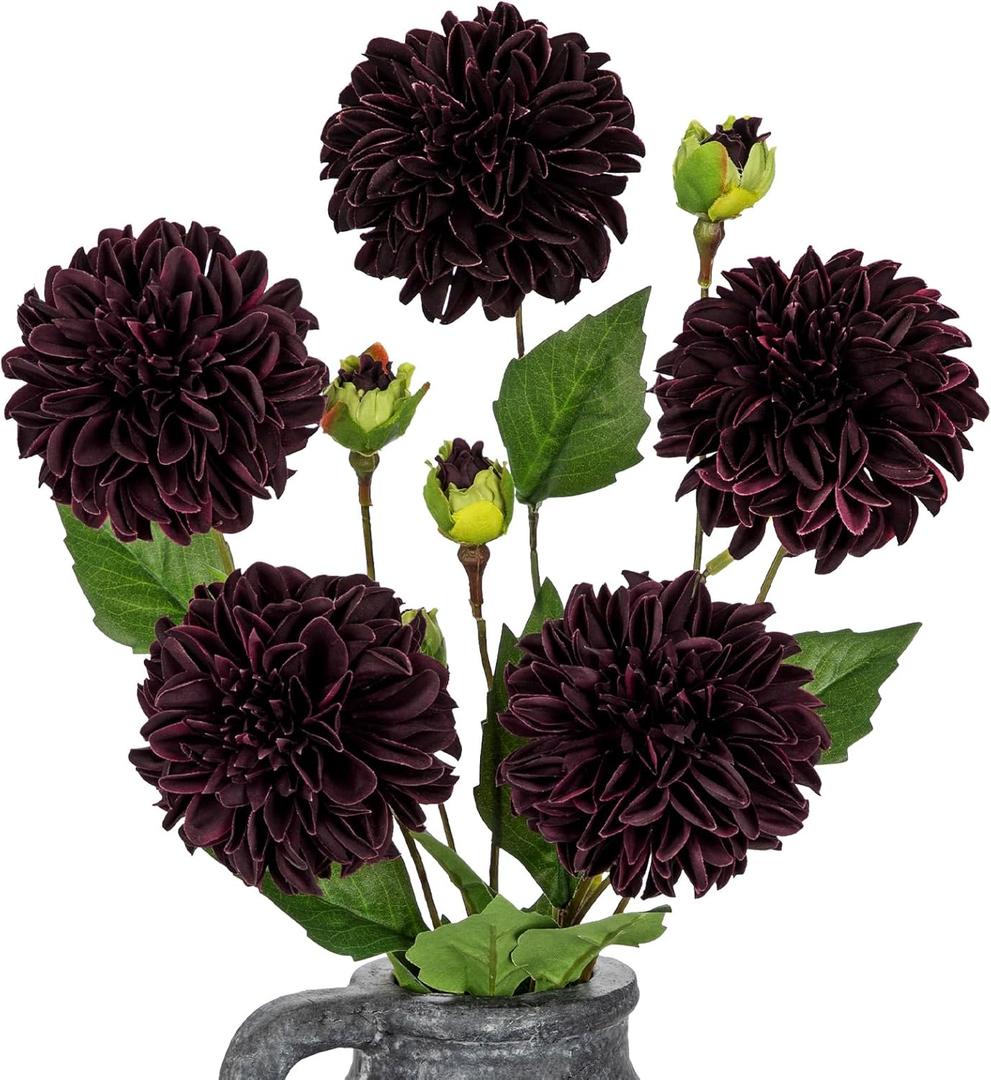 Hollyone Dark Red Dahlia Artificial Flowers 5Pcs Fake Dahlia Flowers for Decoration Silk Flower with Long Stem 17.7" Floral Arrangements Bouquets Indoors Outdoors Faux Dahlias Centerpieces Home Decor