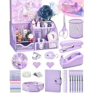 Purple Desk Accessories, 26Pcs Office Supplies and Desk Organizers, with Tape Dispenser, Stapler, Staple Remover Ect, Gift Box Packaging