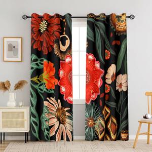 100% Blackout Curtains, Bohemian Floral Extra Long Mid Century Modern Drapes for Living Room, Grommet Thermal Insulated, 2 Panels, 52 x 108 Inch (W x L)