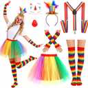 7pcs Clown Costume with Rainbow Tutu Clown Nose Face Stickers Feather Headband and Rainbow Socks Gloves Suspenders