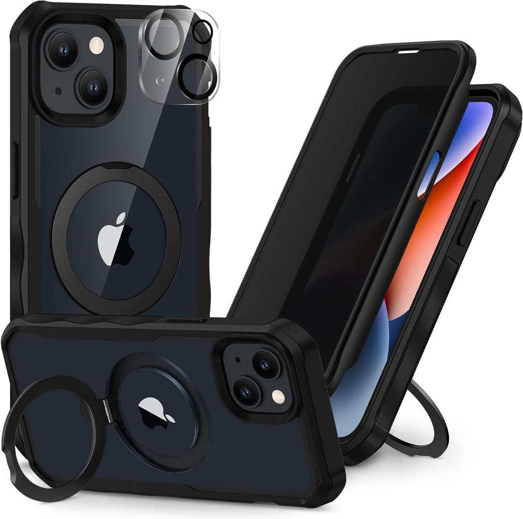 CENHUFO Privacy Phone Case for iPhone 14 / iPhone 13 [Compatible with Magsafe] Built-in Glass Privacy Screen Protector and Magnetic Ring Stand, Full Body Shockproof Clear Camera Lens Cover -Black