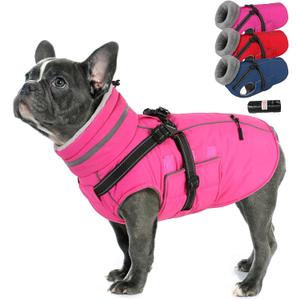 PETDSH Dog Coat Medium, Built-in Harness Dog Jacket with Warm Fleece Lining, Waterproof Reflective Dogs Winter Coat, Pet Coats with Pocket and Trash Bags (Pink, Medium)
