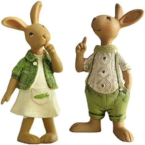 Set of 2 Vintage Rustic Country Bunnies Figurine Ornament Decorative Easter Decor Resin Bunnies Rabbit Egg Figurine Rabbit Statue (Standup Bunnies)