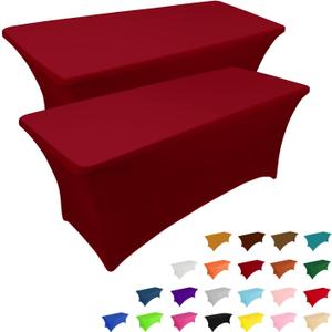 IVAPUPU 2 Pack 4FT Table Cloth for Rectangular Fitted Events Stretch Burgundy Table Covers Washable Spandex Tablecloth Protector for Party, Wedding, Cocktail, Banquet, Festival