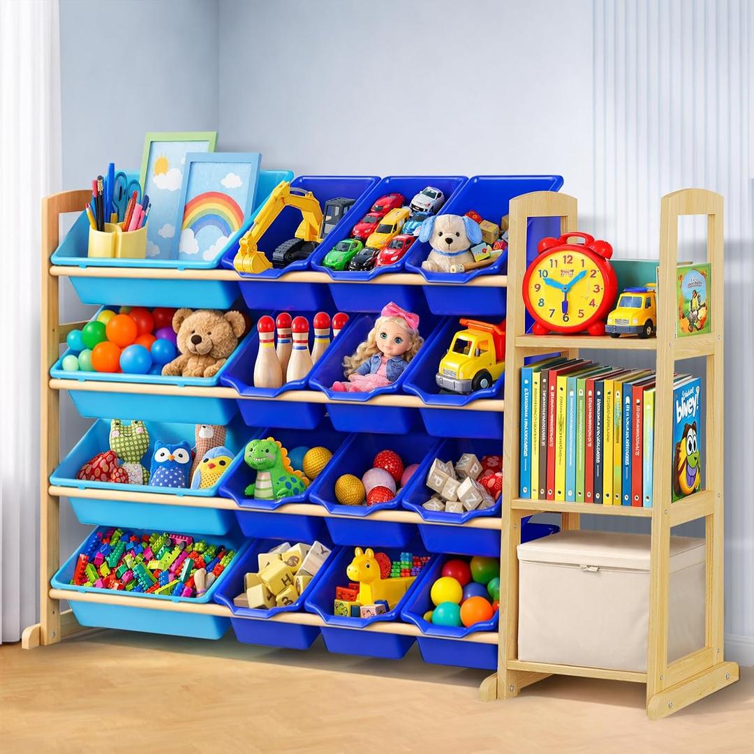 Kids Toy Storage Organizer with Bookshelf Wooden Shelf with 16 Bins & 3 Shelves, Quick Assembly Storage Rack for Playroom, Bedroom, Nursery - Blue