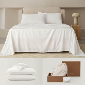 Double Stitch Cotton Tencel Sheet - Bed Sheets Set 
Queen 
Size, 4Pc Luxury Hotel Bedding Set, Soft, Cooling & Breathable for Hot Sleepers, Deep Pocket Up to 16 Inches, Cream
