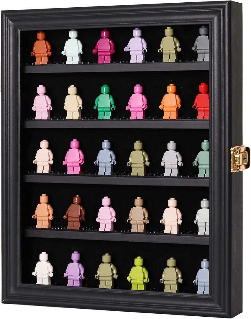 VERANI Minifigures Miniature Display Case Collectibles Display Box Wall Mount Figure Display Curio Cabinet with Lockable Anti Dust Door for Small Objects Lockable Removable Shelves - Small Black