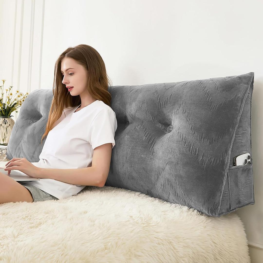 Headboard Pillow for Bed,Triangular Wedge Pillow Headboard Soft Support While Reading and Resting,Bed Bolster Cushion Headboard with Removable Cover,Grey, Queen (59"x8"x20")