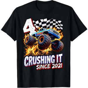 Birthday Monster Truck 4 Year Old Boys 4th Party Born 2021 T-Shirt, XS