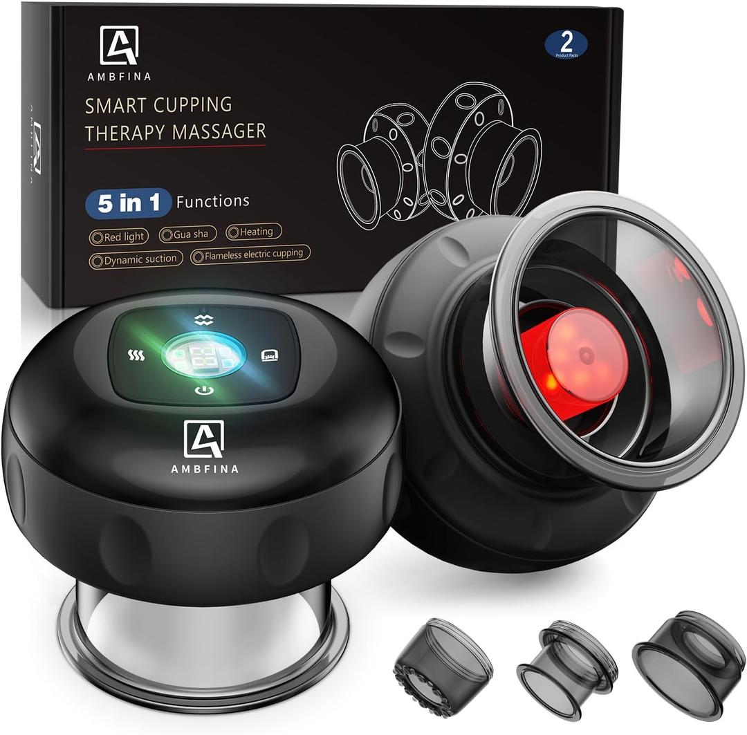 5-in-1 Cupping Kit for Massage Therapy, 12 Levels Smart Dynamic Cupping Set with Red Ligh-t Therapy&Heat Penetrates for Targeted Pain Relief, Knots, Aches, Muscle Soreness - 2Pcs(Black&Black)