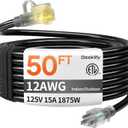 12 Gauge 50 FT Heavy Duty Outdoor Extension Cord Waterproof with Lighted End,Black 12 Gauge Extension Cord Flexible and Cold Resistant 3 Prong Grounded Plug,15Amp 1875W SJTW ETL Listed