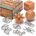 LESONG Brain Teasers Metal and Wooden Puzzles for Kids and Adults 9 Pack, Mind, IQ, and Logic Test and Handheld Disentanglement Games, 3D Coil Cast Wire Chain and Durable Wood Educational Toys