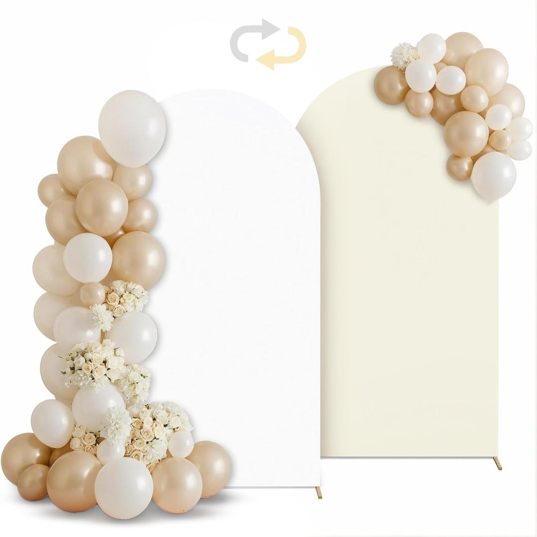 Babenest 6.6FT Arch Backdrop Cover (One Piece Double Color), Beige and White Spandex Fitted Backdrop for Photography, Round Top Chiara for Party Ceremony Birthday Baby Shower Decoration