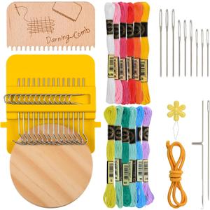 Mini Darning Loom Kit, Mushroom Knit Patch Kit, PatchMaker Mending Tool with 12 Colors Yarn, 11 Hooks, Weaving Loom for Socks, Jeans & Sweaters, Clothes Repair, Fixing Kit for Beginners（Yellow Set）