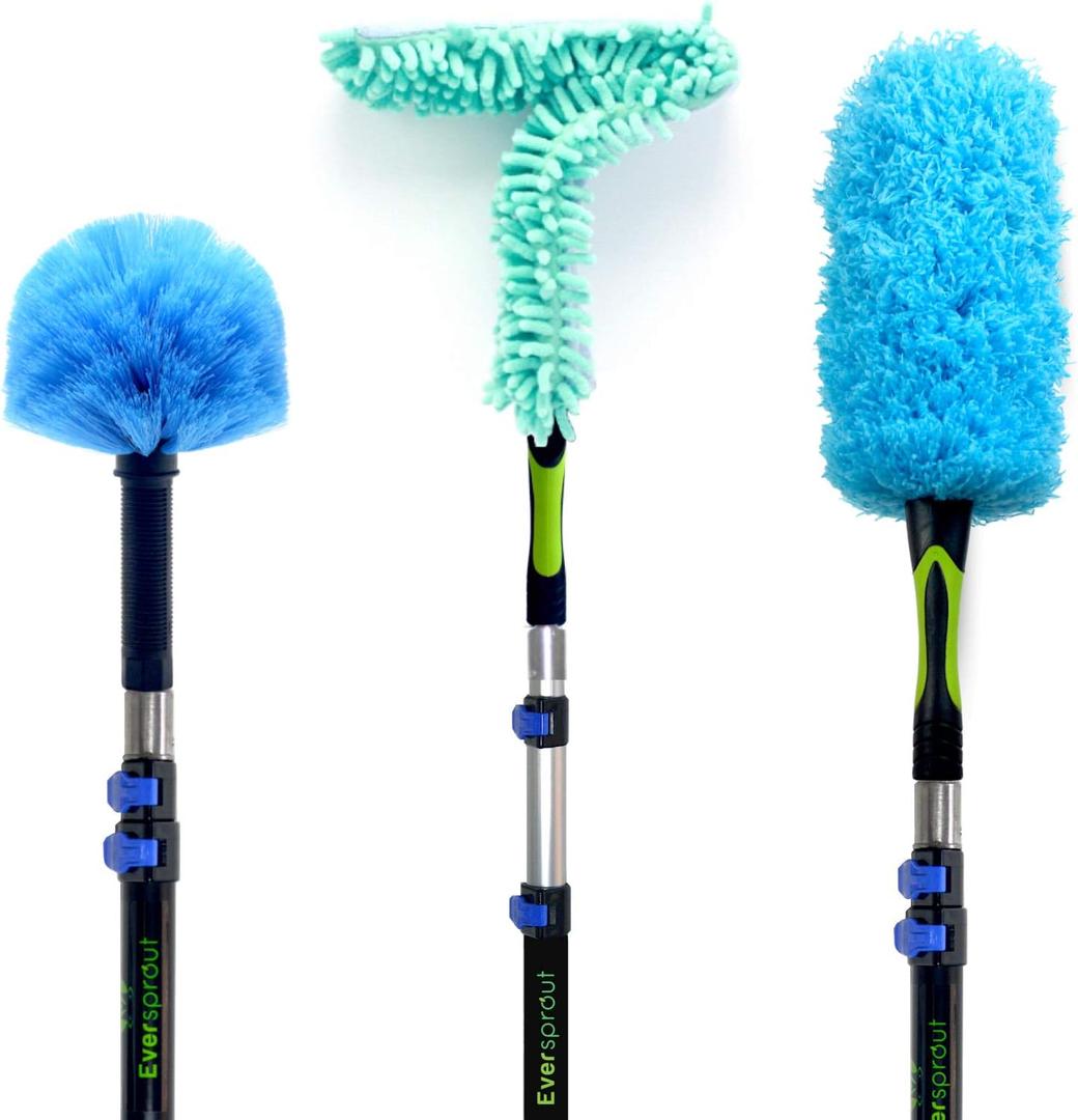 EVERSPROUT 5-to-12 Foot Duster 3-Pack with Extension-Pole (20+ Foot Reach) | Hand-packaged Cobweb Duster, Microfiber Feather Duster, Flexible Microfiber Ceiling & Fan Duster | Aluminum Telescopic Pole