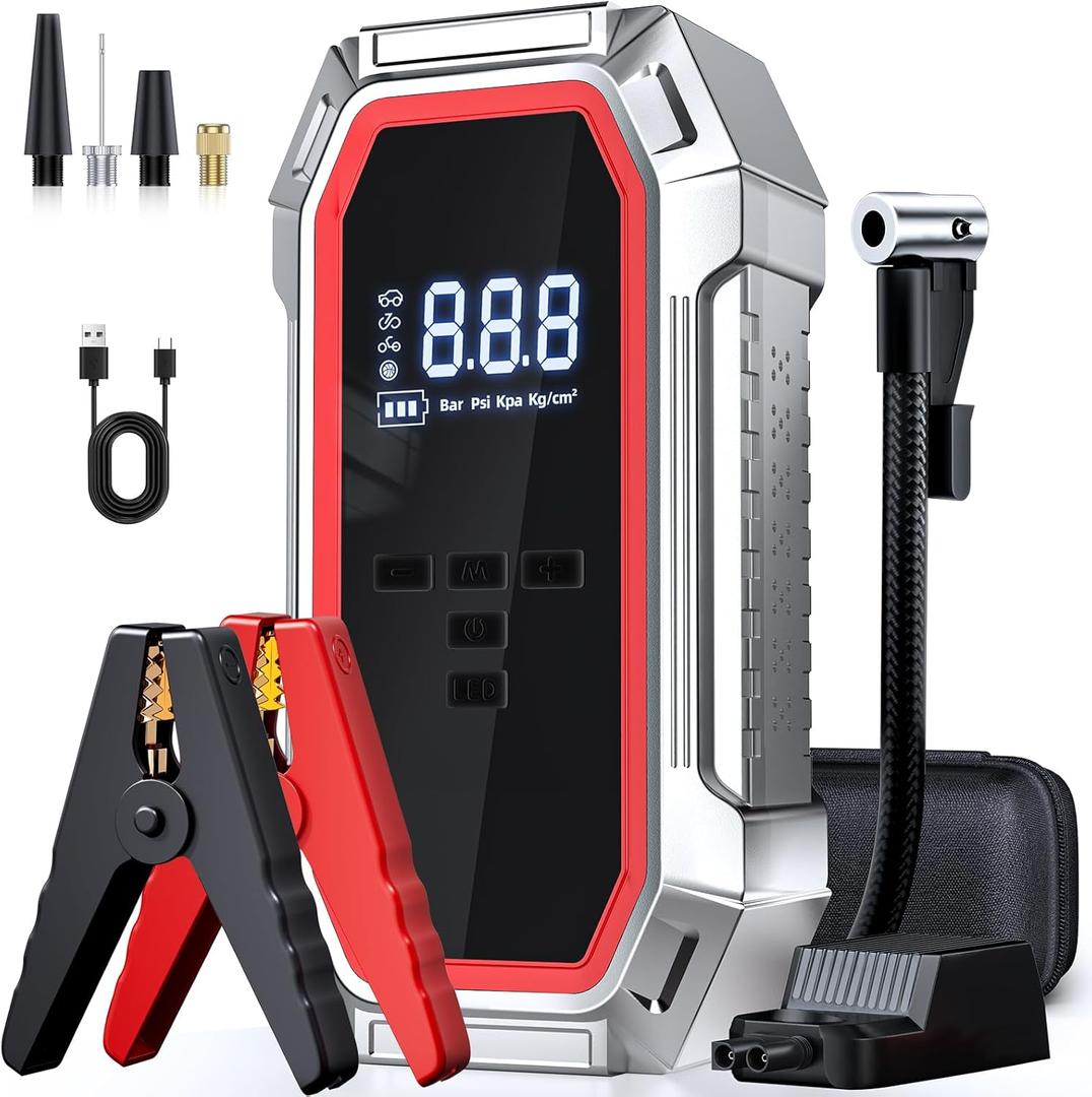 Jump Starter with Air Compressor, 5000A Peak Car Battery Jump Starter(9.0 Gas/8.0L Diesel), 160PSI 12V Jump Box Car Battery Jumper Starter Portable with Smart Jumper Cables, LED Lights, LCD Display (Red)