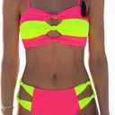 HYTENSUN Women's 2 Piece Bandeau Bikini Set Sexy Cutout Colorblock Swimsuit Bathing Suits with Removable Straps