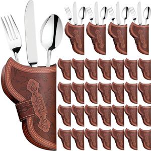 Cowboy Holster Silverware Holders Cardstock Western Party Tableware Supplies Cutlery Sleeve Knife and Fork Holder Vintage Utensil Holders for Western Rodeo Party Favors(60 Pcs)