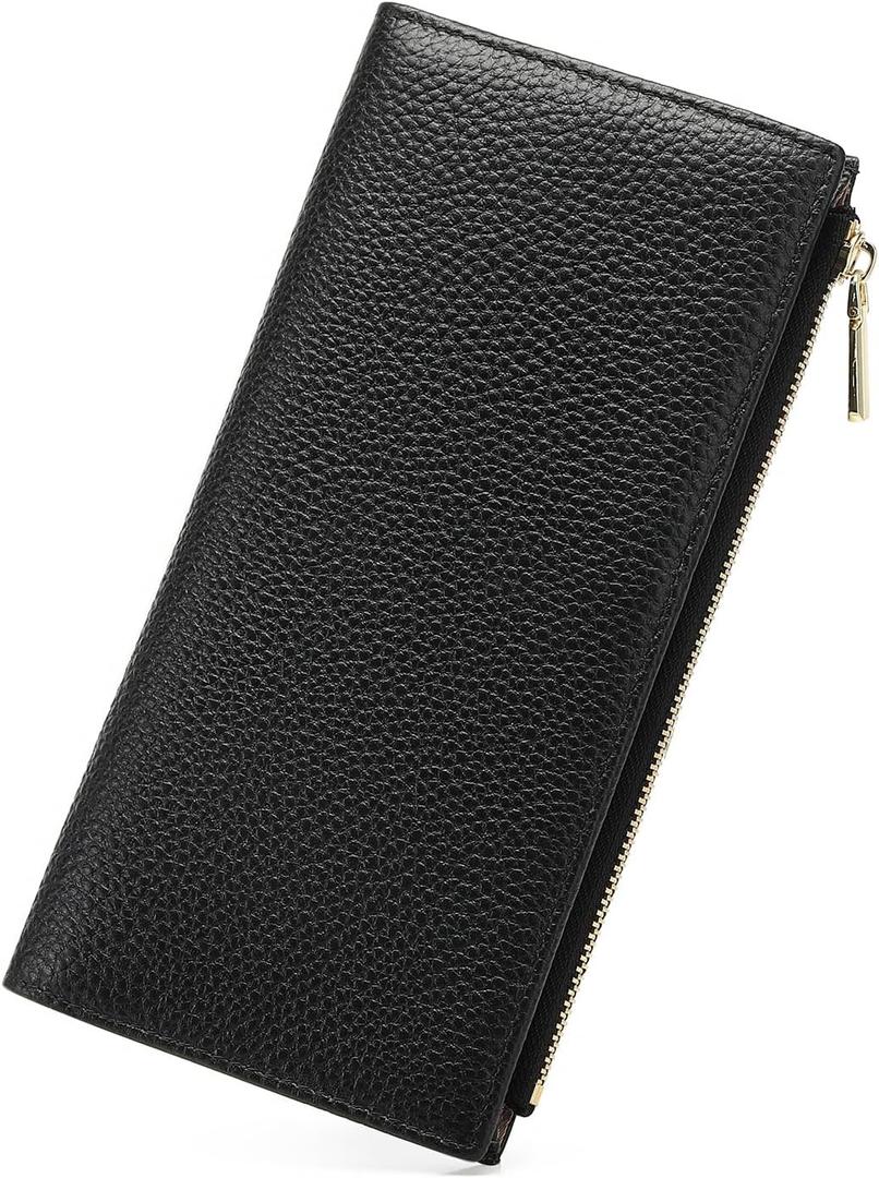 GOIACII Slim Wallet for Women Rfid Blocking Credit Card Holder with Zip Pocket Bifold Vegan Pebble Leather Black