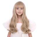 Mixed Blonde Wig for Kids Child Long Ash Blonde Wig with Flat Bangs Long Wavy Curly Wigs for Girls Heat Resistant Synthetic Wigs with Cap