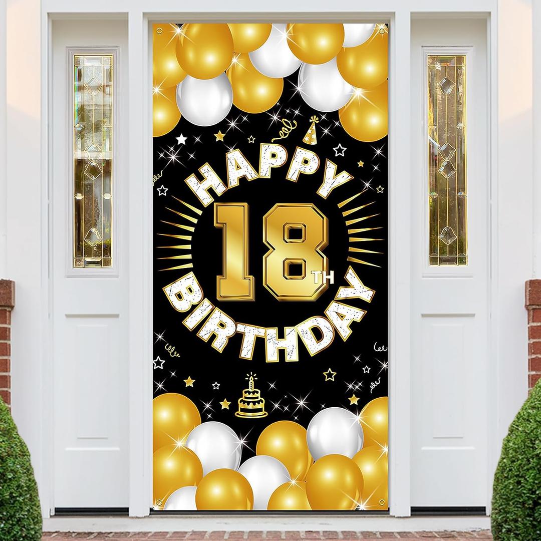 Happy 18th Birthday Decorations for Boys & Girls, Men & Women, Fabric Banner Backdrop for 18 Year Old Birthday Party, Perfect Photo Backdrop, Yard Sign, Cake Table Decor, Door Sign（Black Gold）