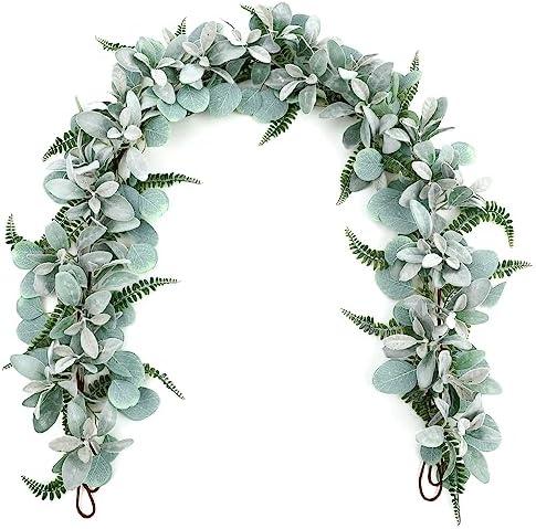 SHACOS 2 Pack 11.8 ft Artificial Flocked Lambs Ear Garland Eucalyptus Fern Leaves Greenery Garland Fake Vines for Mantle Fireplace Door Window Wedding Table Centerpieces Home Decor