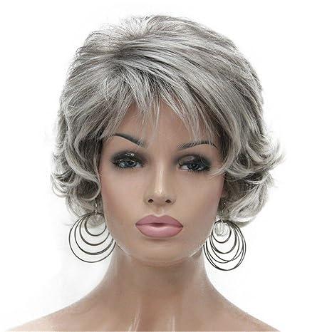 Aimole Short Curly Synthetic Wigs Full Capless Hair Women's Thick Wig for Everyday Light Gray with Dark Root (48T) 