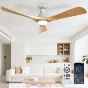 DLLT 52-Inch Ceiling Fans with Lights: Flush Mount Ceiling Fan 3 Blades for Indoor Outdoor - Dimmable Ceiling Fan with Remote APP Control Quiet DC Motor for Low Profile Bedroom