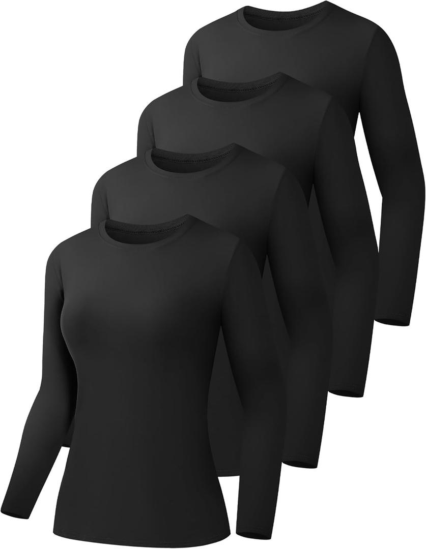 HOPLYNN 4 Pack Womens Long Sleeve Shirts Crew Neck Basic Compression Slim Fitted Workout Undershirts Baselayer Tops (Medium)