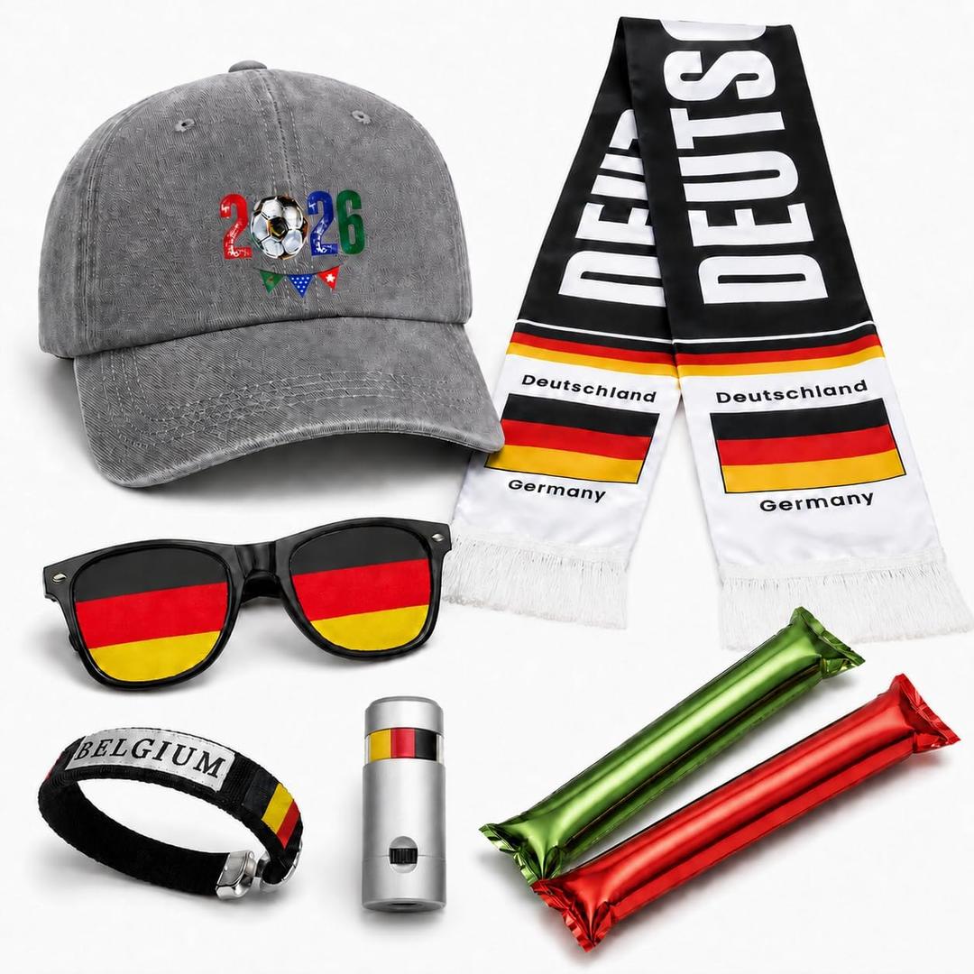 Germany Soccer Fan Gear Set, 7 Pcs 2026 Game Day Accessories with Hat, Scarf, Flag Sunglasses, Wristband, Flag Face Paint & Cheer Sticks, Soccer Party Supplies for Watch Parties