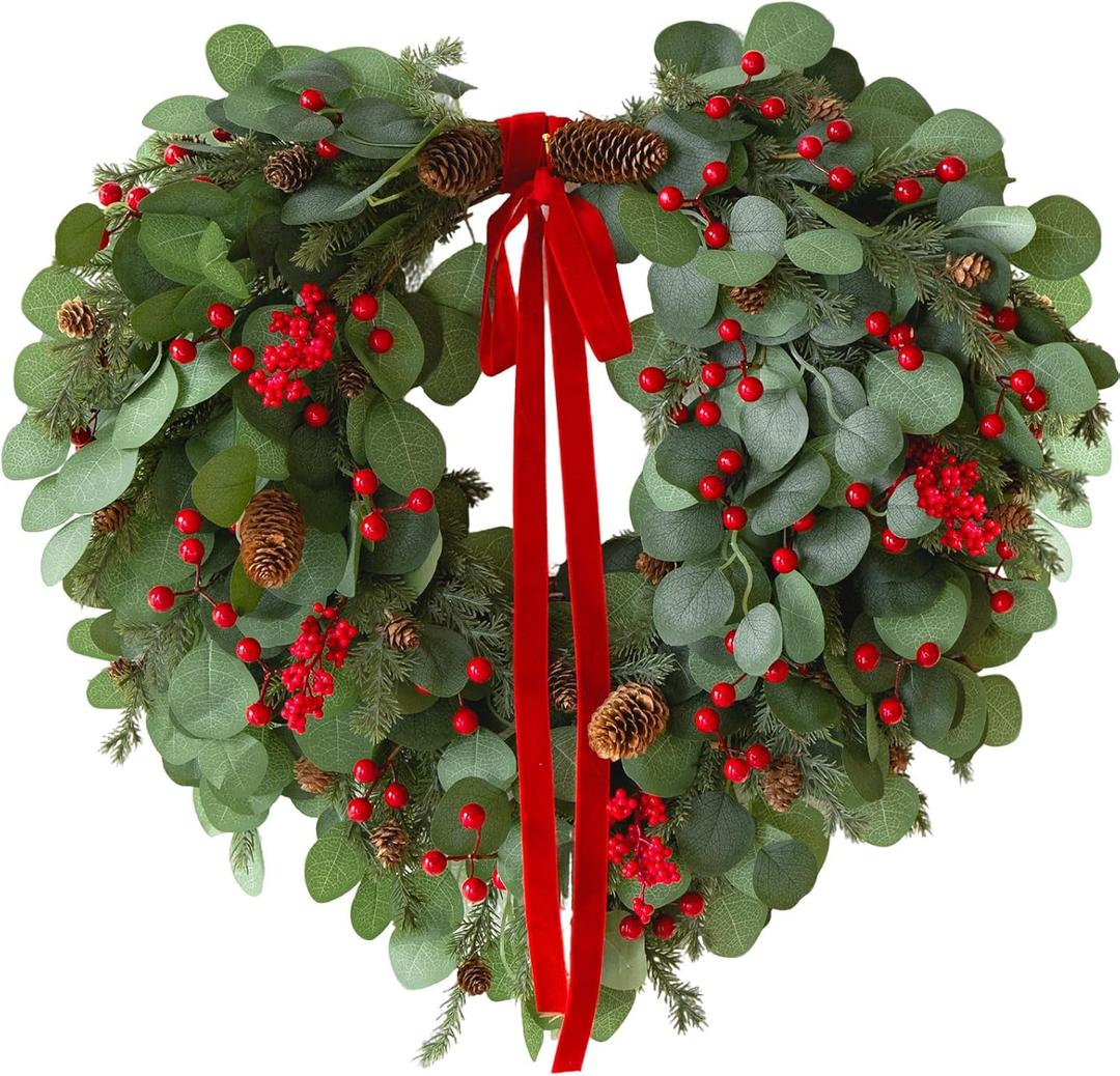 24 inch Christmas Wreath with Lights, Christmas Wreath for Front Door Christmas Door Wreaths with Red Berries Pine Cones Cedar Eucalyptus Leaves Aritificial Wreath for Christmas Indoor Outdoor Decor