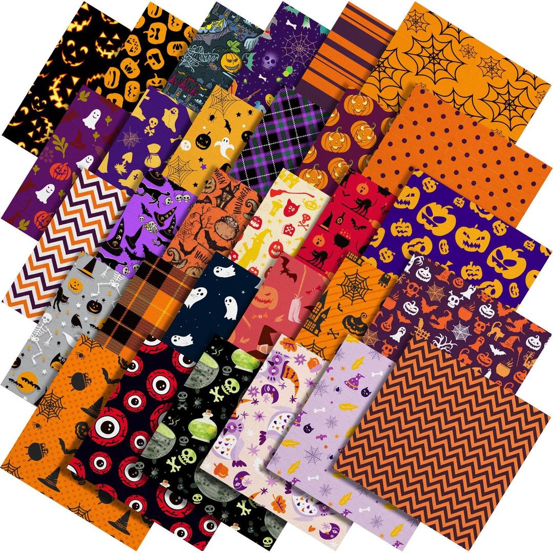 60 Pcs 10 x 10 Inch Halloween Fabric Polyester Fabric Bundle Fat Quarters Bat Pumpkin Ghost Skull Print Squares Holiday Quilting for DIY Decorations Sewing Craft, 30 Styles (Pumpkin)