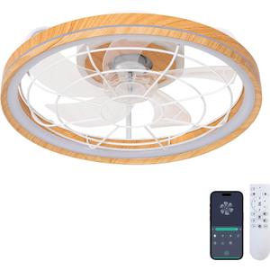 20'' Smart Ceiling Fan with Lights and Remote Modern Slim Low Profile Ceiling Fans with Lights App Control 6 Speeds Infinitely Dimmable Quiet Reversible Dc Motor for Living Room (Original wood color)