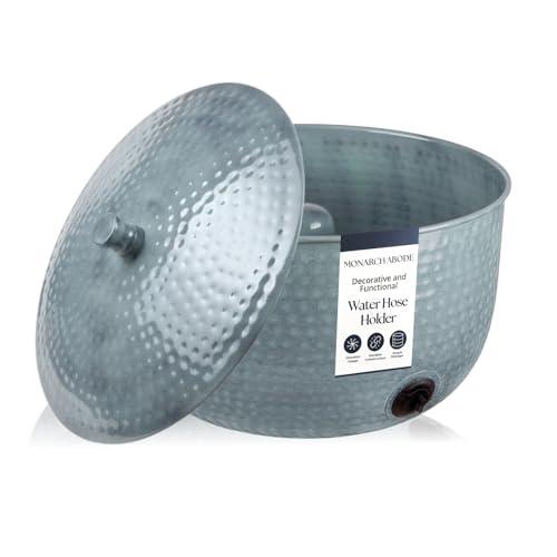 Monarch Abode Garden Hose Holder with Lid – Decorative Water Hose Holders for Outside, Hand Hammered Metal Patina Pot with Drainage, 100ft Waterhose Holder for Outside, Garden Storage Caddy