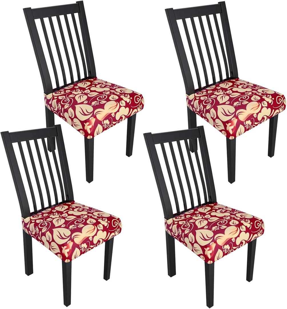 Stretch Dining Chair Seat Covers Set of 4,Dining Chair Slipcovers, Floral Printed Chair Covers,Soft Fabric Washable Upholstered Chair Seat Protector, No Rear Covers for Home Kitchen Dining Room (Redflame Flowers)