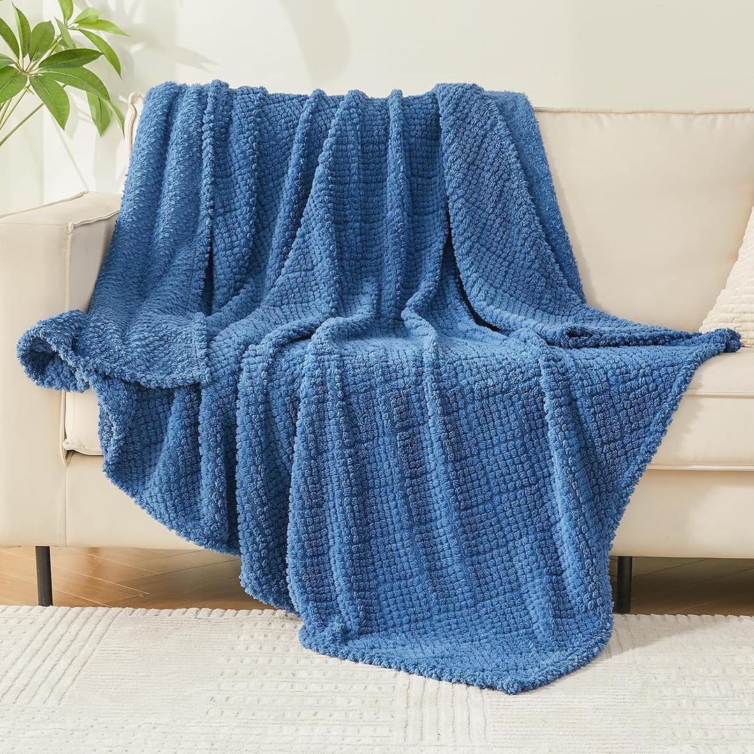 EMME Fleece Blanket, 3D Jacquard Throw Blanket for Couch and Bed, Soft Cozy and Fluffy Blankets Lightweight Luxury Flannel with Waffle Design (Navy Blue, 50" x 60")