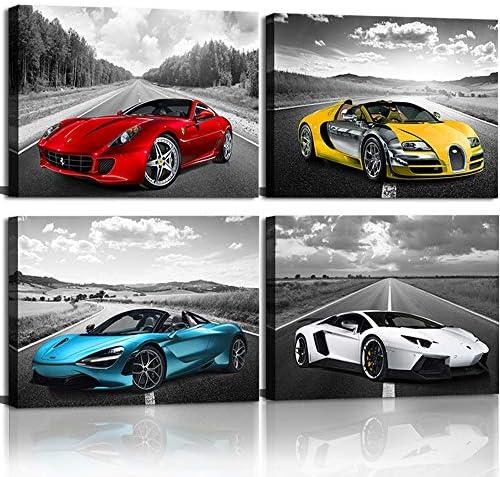 Car Poster Decor Black and White Wall Art Framed Car Art for Teen Boys Man Bedroom Décor Sports Posters Ferrari Lamborghini McLaren Bugatti Canvas Posters for Office Room Decor Gift for Teen Boys