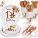 Beary First 1st Birthday Decorations Boy Plates Set, 175pcs Teddy Bear One Year Birthday Decorations Plates Napkins Cups Cutlery Set for 25 Guests