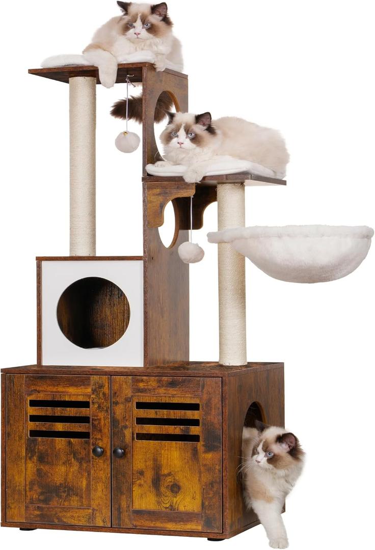 Heybly Cat Tree, Wood Litter Box Enclosure with Food Station, All-in-one Indoor Cat Furniture with Large Platform and Condo, Modern Style Cat Tower, Hammock, Rustic Brown HCT103SR