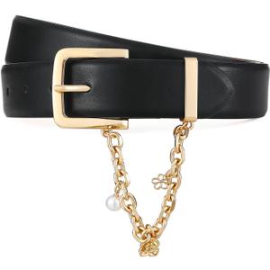 Women's Leather Belt for Jeans Black Belt with Gold Buckle and Chain Fashion Belts for Women