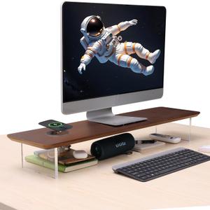 SUIBIAN Elegant Wood & Acrylic Monitor Stand with 15W Wireless Charging 31.5" Large Desk Riser for Ergonomic View, Desktop Organizer, Laptop & PC | Modern Floating Design(Walnut Wood)