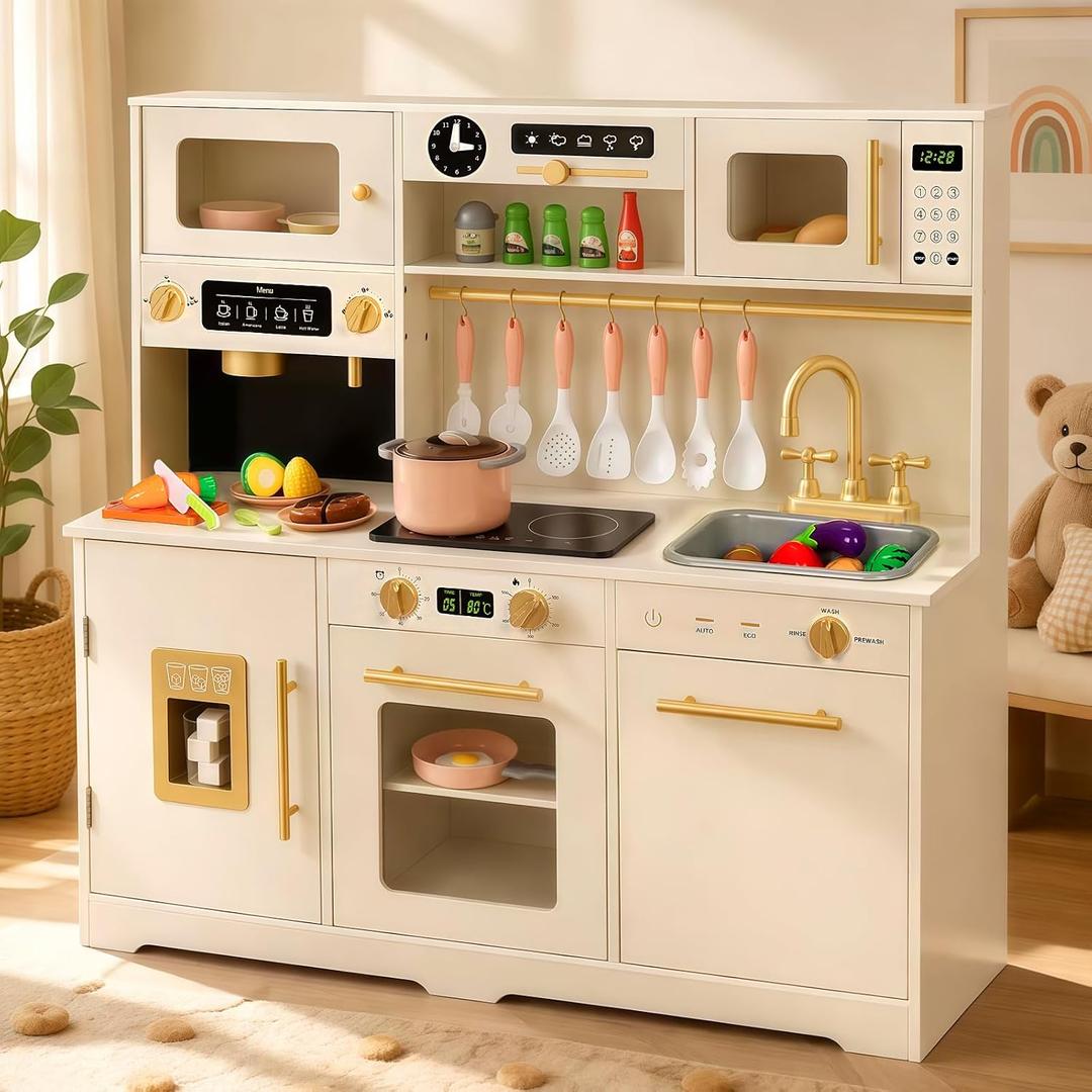 Wooden Play Kitchen for Toddler, Toy Kitchen Set for Kids Pretend with 41 Pcs Toy Food & Cookware Accessories, Kitchen Playset Gift for Boys and Girls Ages 3+, 43"l X 40"h